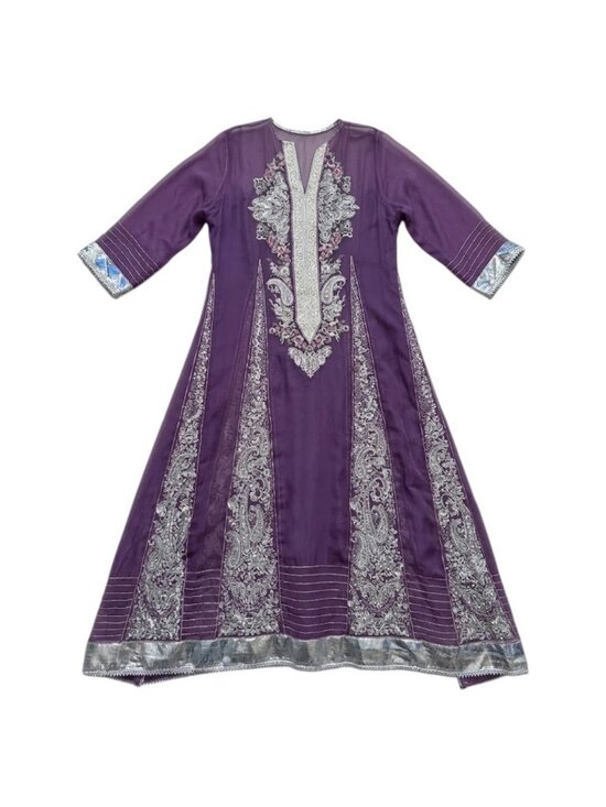 Dresses & Skirts - Purple Silver Embroidered Sheer Chiffon Kaftan Maxi Dress Gown Abaya Caftan Boho